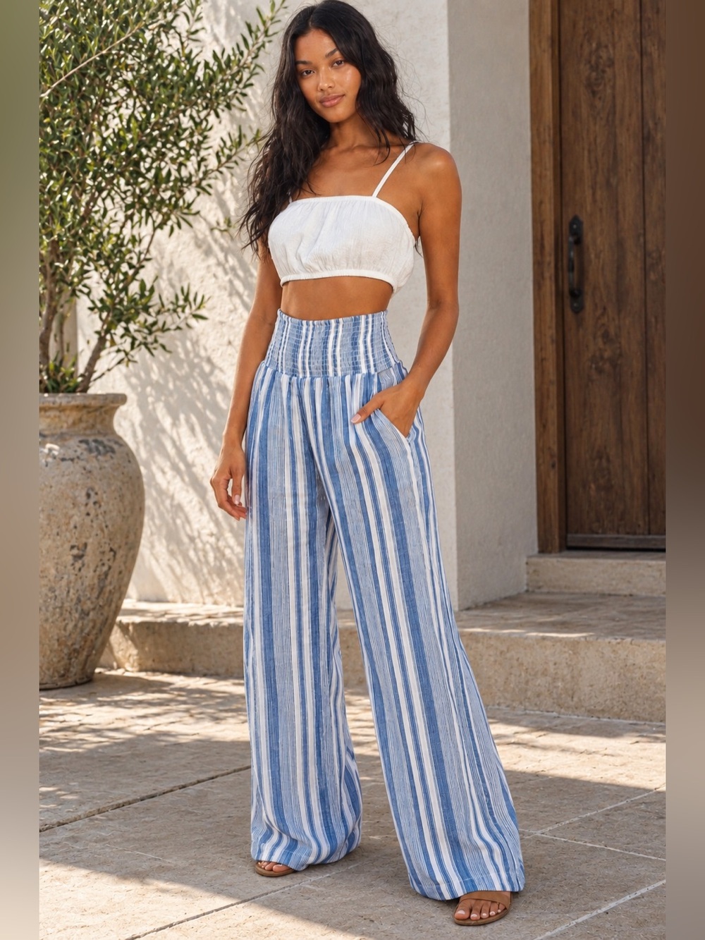 NWOT Billabong New Waves Striped Blue High-Waist Wide-Leg Cotton Pants Sail Away